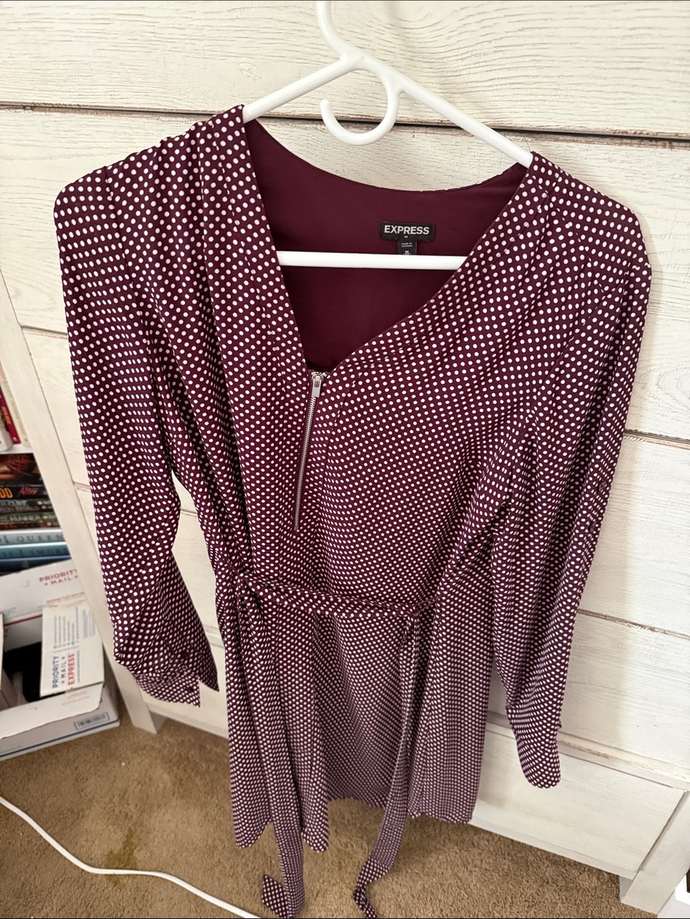 Express Burgundy Polka Dot Long Sleeve Tie-Waist Dress